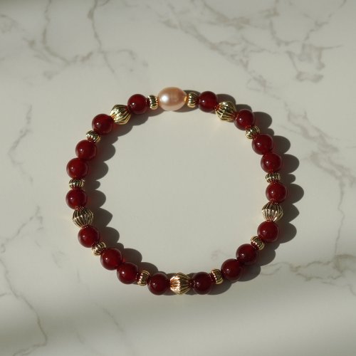 紅瑪瑙淡水珍珠14KGF手鏈