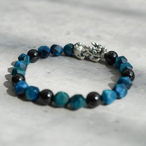 藍虎眼黑碧璽999純銀麒麟轉運手鏈