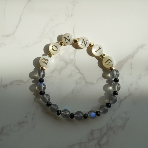 珍珠字母切面黑碧璽拉長石14KGF彈性手鏈