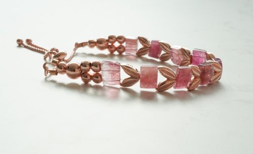 天然粉碧璽手排925純銀包玫瑰金手鏈