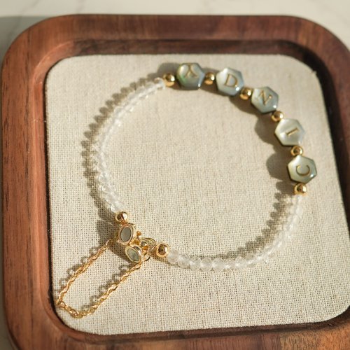 天然切面白水晶淡水貝殼雙面八角字母14KGF手鏈