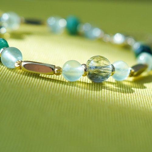 綠髮晶切面祖母綠葡萄石14KGF磁扣手鏈