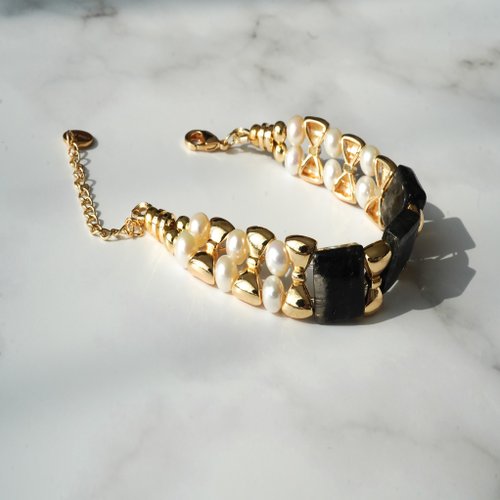 黑髮晶手排淡水珍珠14KGF手鏈