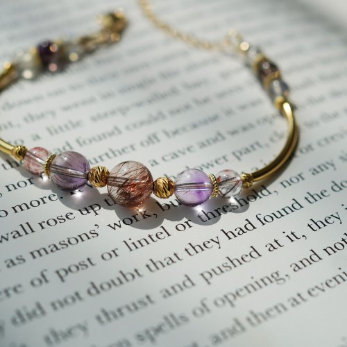 銅髮晶紫水晶紅膠花拉長石手鏈