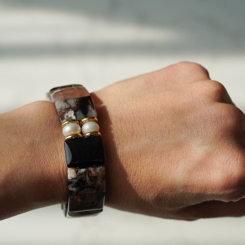 天然黑櫻花瑪瑙淡水珠手排手鏈