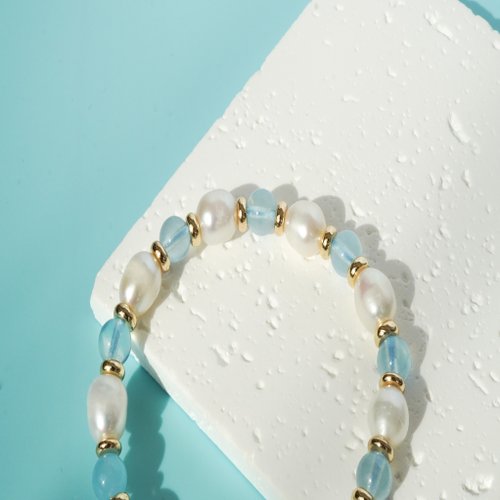 海藍寶淡水珍珠14KGF手鏈