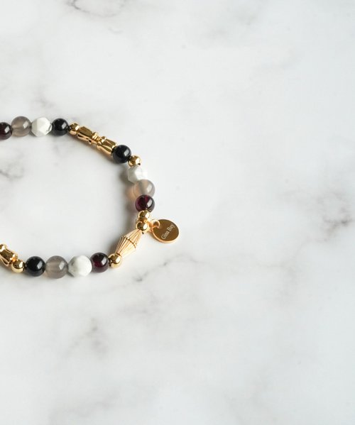 天然灰瑪瑙黑碧璽白松石14KGF手鏈