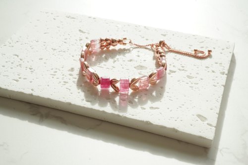 天然粉碧璽手排925純銀包玫瑰金手鏈