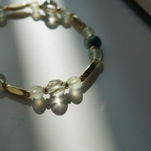 綠髮晶切面祖母綠葡萄石14KGF磁扣手鏈