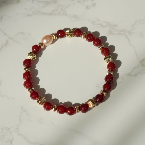 紅瑪瑙淡水珍珠14KGF手鏈