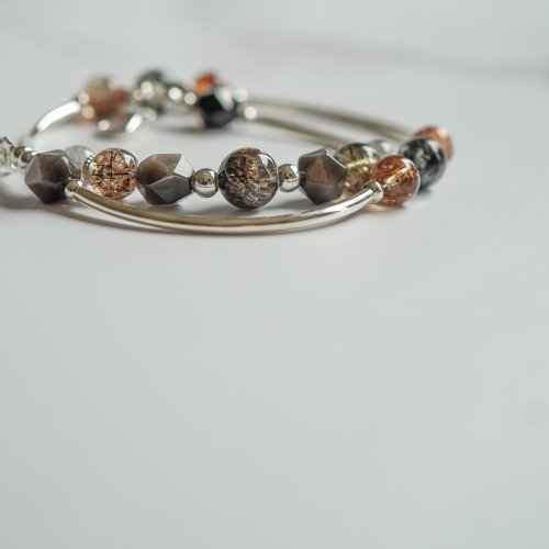 黑髮晶太陽石銀曜石黑金超七拉長石925純銀雙鏈