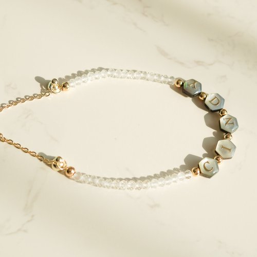 天然切面白水晶淡水貝殼雙面八角字母14KGF手鏈