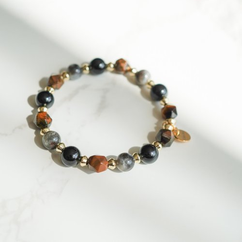 星輝骨幹天然黃虎眼黑碧璽14KGF純銀手鏈