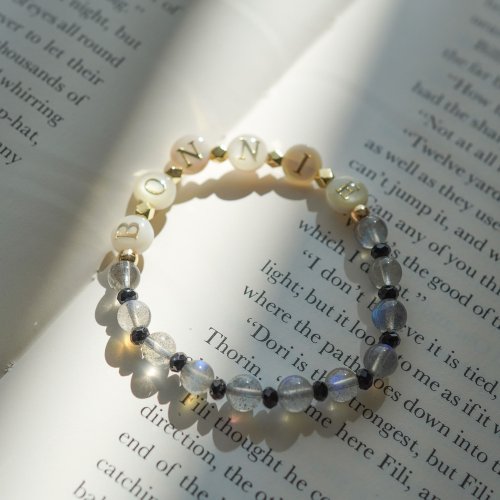 珍珠字母切面黑碧璽拉長石14KGF彈性手鏈