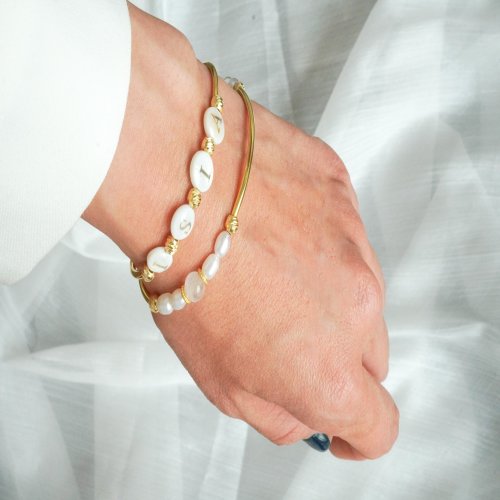 珍珠字母白幽靈淡水珠925純銀雙圈手鏈