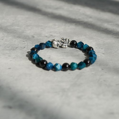 藍虎眼黑碧璽999純銀麒麟轉運手鏈