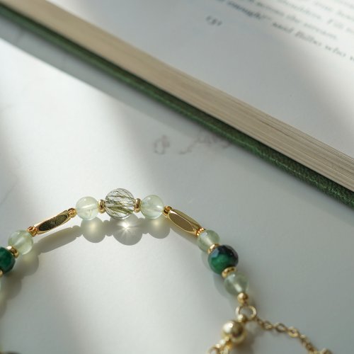 綠髮晶切面祖母綠葡萄石14KGF磁扣手鏈