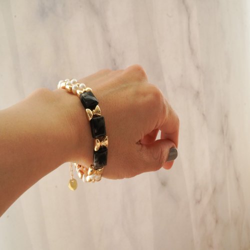 黑髮晶手排淡水珍珠14KGF手鏈