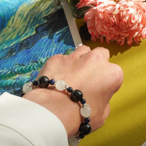 黑碧璽白幽靈虎眼青金石925純銀手鏈