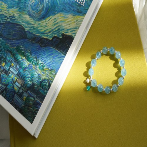 海藍寶淡水珠天河石14KGF手鏈