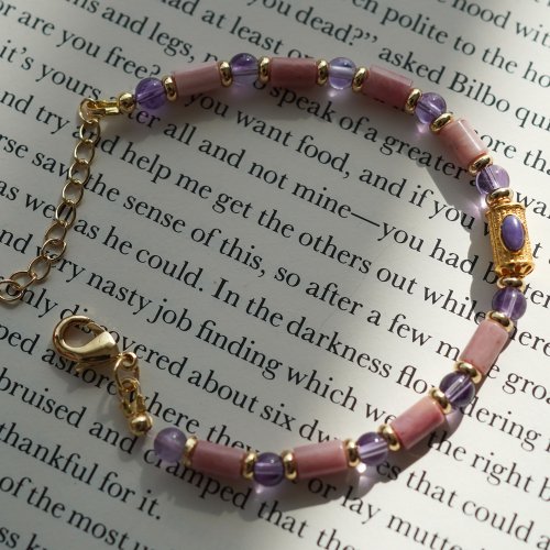 天然薔薇長方珠舒俱來桶珠紫晶14KGF手鏈