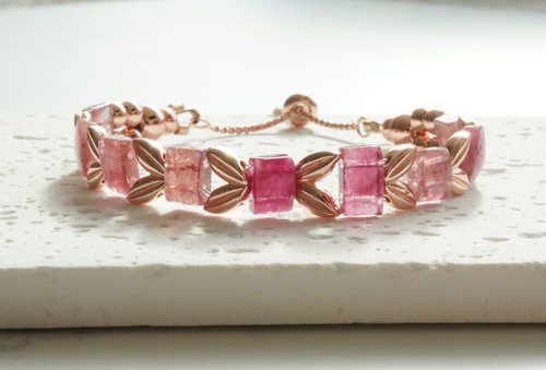 天然粉碧璽手排925純銀包玫瑰金手鏈