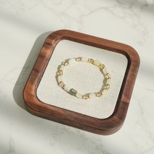 天然冰種岫玉翡翠六字真言珠黃水晶14KGF吸磁手鏈