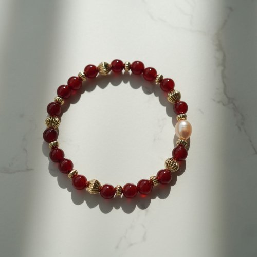 紅瑪瑙淡水珍珠14KGF手鏈
