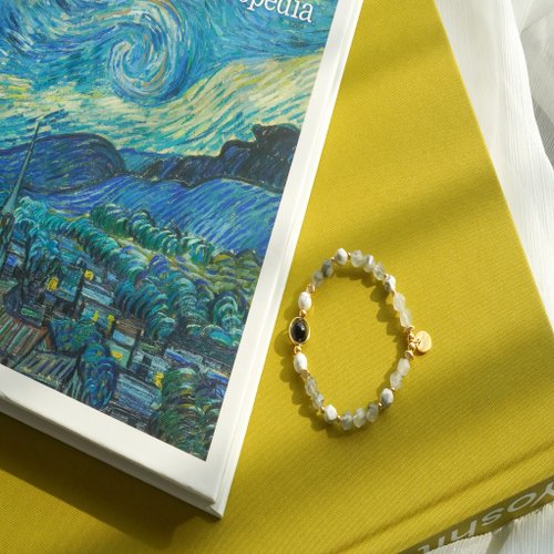 黑曜石石云切面白松石14KGF手鏈