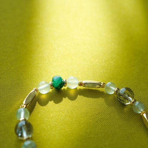 綠髮晶切面祖母綠葡萄石14KGF磁扣手鏈