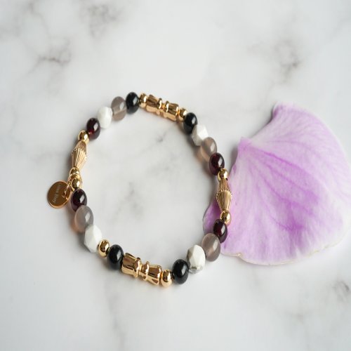 天然灰瑪瑙黑碧璽白松石14KGF手鏈