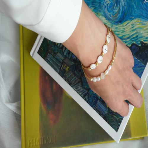 珍珠字母白幽靈淡水珠925純銀雙圈手鏈