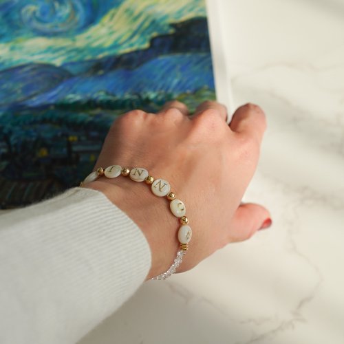 天然閃靈鑽淡水貝殼雙面字母14KGF磁扣手鏈