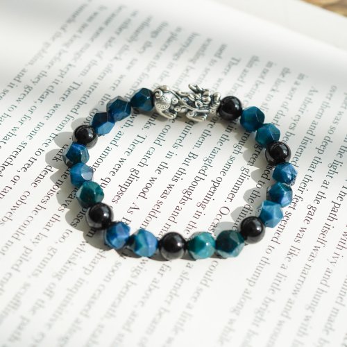 藍虎眼黑碧璽999純銀麒麟轉運手鏈