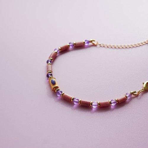 天然薔薇長方珠舒俱來桶珠紫晶14KGF手鏈