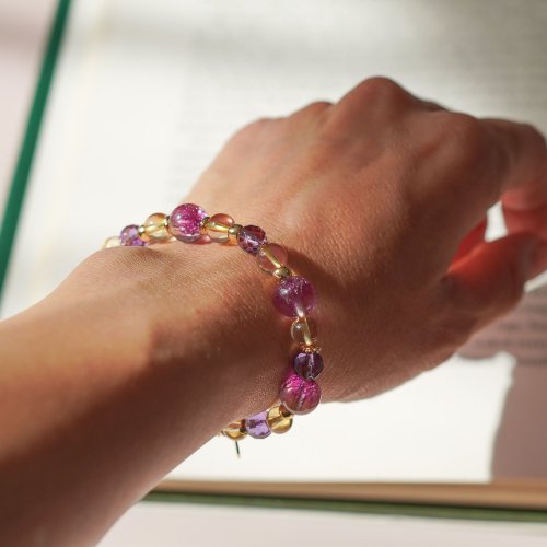 聚寶盆紫晶超七黃水晶切面紫晶14KGF手鏈