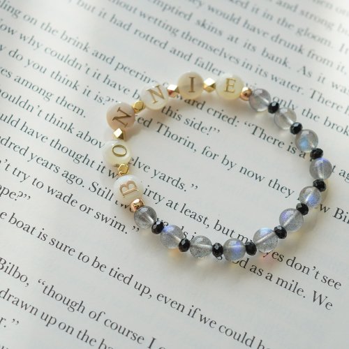 珍珠字母切面黑碧璽拉長石14KGF彈性手鏈