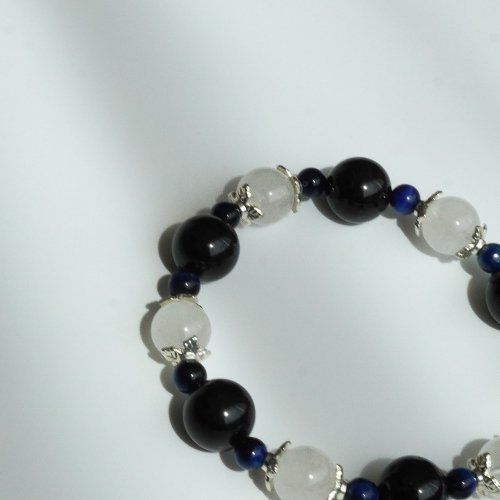 黑碧璽白幽靈虎眼青金石925純銀手鏈