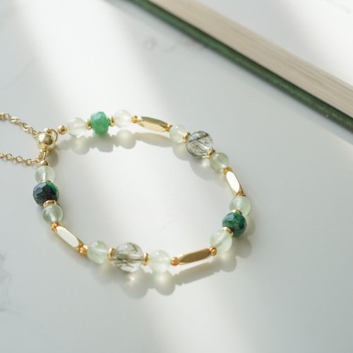 綠髮晶切面祖母綠葡萄石14KGF磁扣手鏈