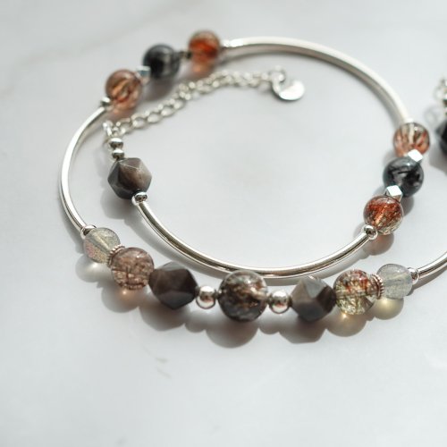 黑髮晶太陽石銀曜石黑金超七拉長石925純銀雙鏈