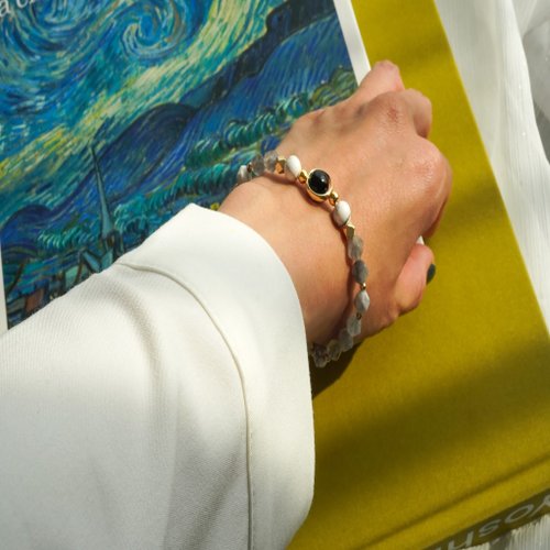 黑曜石石云切面白松石14KGF手鏈