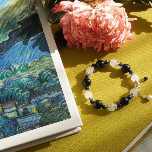 黑碧璽白幽靈虎眼青金石925純銀手鏈