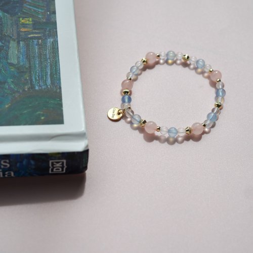 馬達拉斯加粉晶海藍寶月光石14KGF手鏈