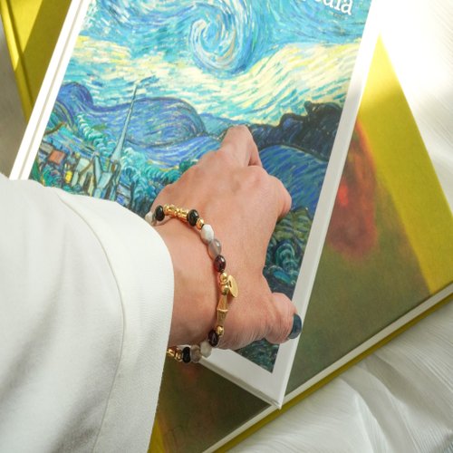 天然灰瑪瑙黑碧璽白松石14KGF手鏈