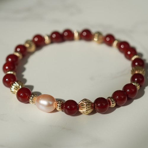 紅瑪瑙淡水珍珠14KGF手鏈