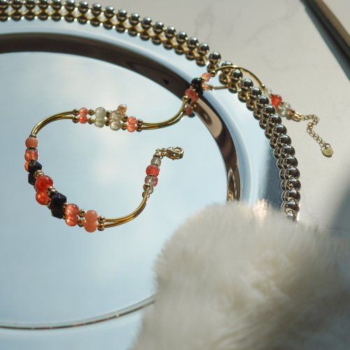 阿魯沙切面金矅石橙月光淡水珠14KGF手鏈