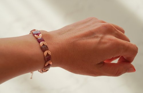 天然粉碧璽手排925純銀包玫瑰金手鏈