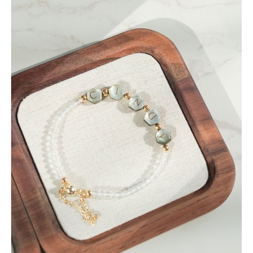 天然切面白水晶淡水貝殼雙面八角字母14KGF手鏈