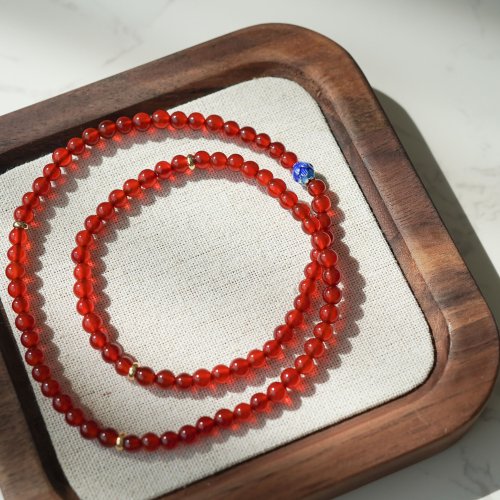 紅瑪瑙三圈藍珐琅隔珠14KGF手鏈