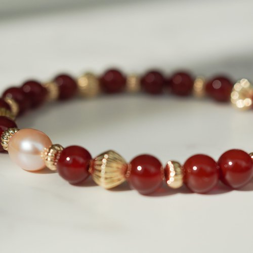 紅瑪瑙淡水珍珠14KGF手鏈